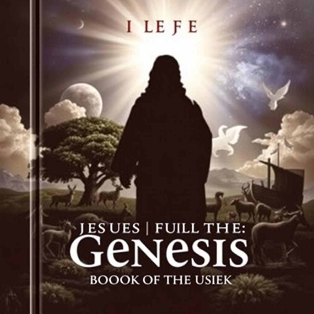 a serious and symbolic book cover depicting the theme of Jesus fulfilling the Book of Genesis