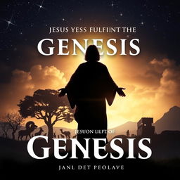 a serious and symbolic book cover depicting the theme of Jesus fulfilling the Book of Genesis