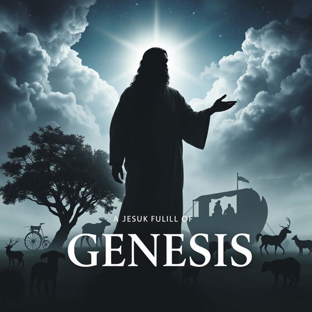 a serious and symbolic book cover depicting the theme of Jesus fulfilling the Book of Genesis