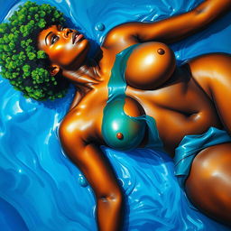 A polished, oil-based painting featuring a macro, up-close, aerial view of a full nude gorgeous black woman with a bright green tree afro, beautiful breasts, and a big booty