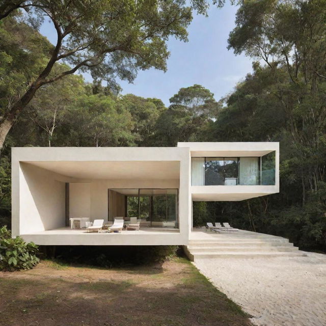 The house grows in size and embodies a minimalist yet modern design, maintaining its warm cream color, harmoniously blending with the lush forest or the soothing beach.