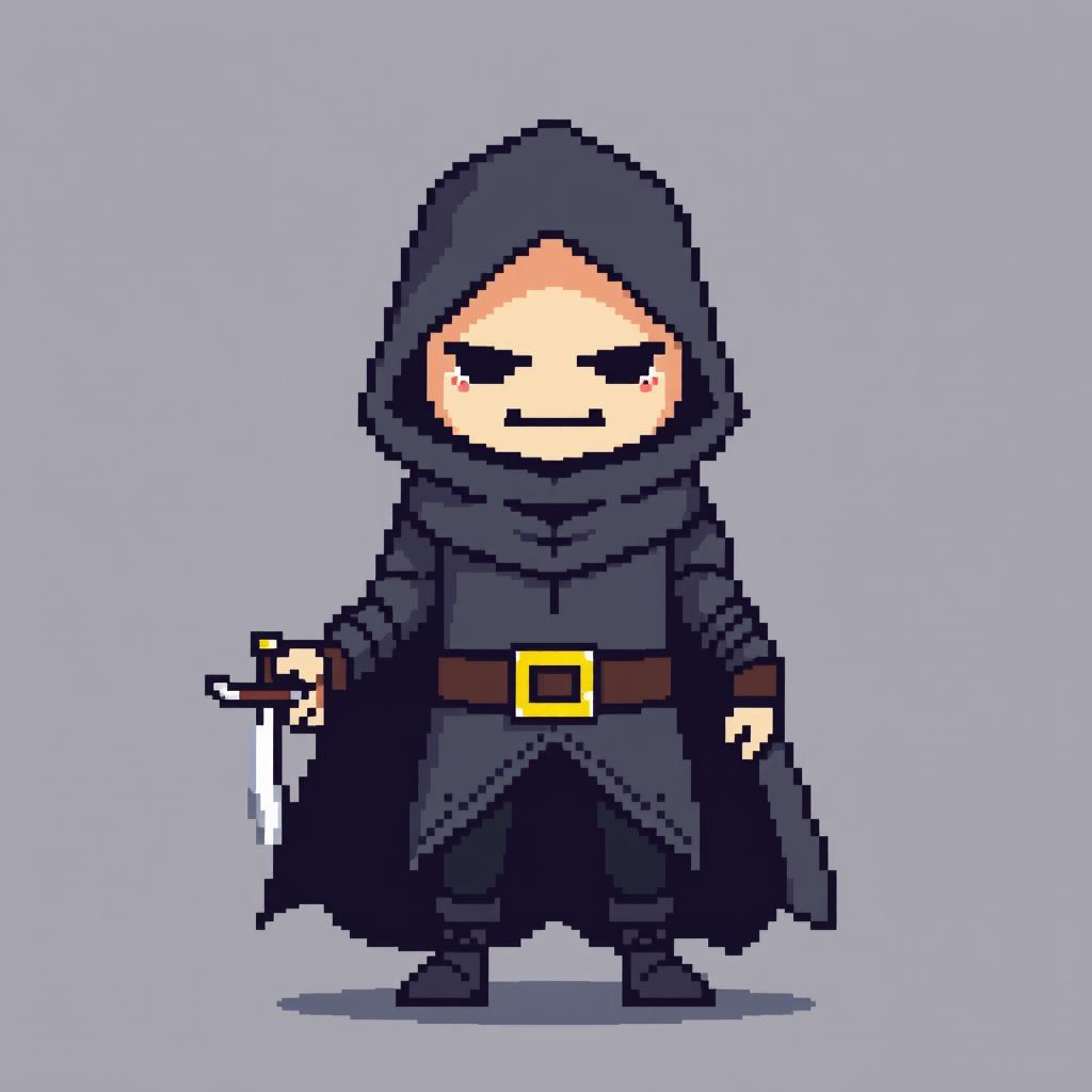 An 8-bit pixel art character of a rogue in a minimalist style