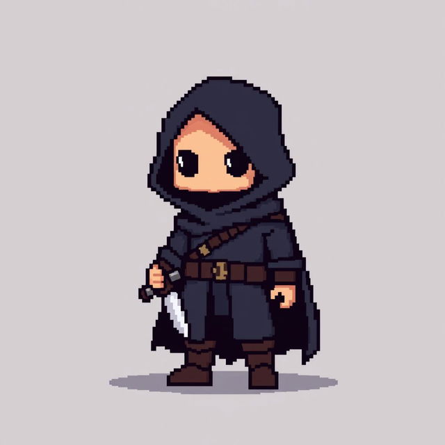 An 8-bit pixel art rogue character in a minimalist style