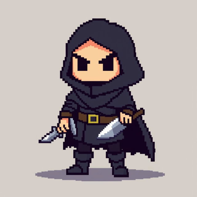 An 8-bit pixel art rogue character in a minimalist style