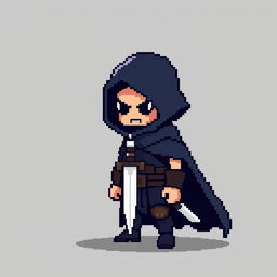 An 8-bit pixel art rogue character in a minimalist style