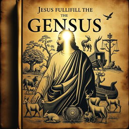 a serious and historical book cover depicting the theme of Jesus fulfilling the Book of Genesis