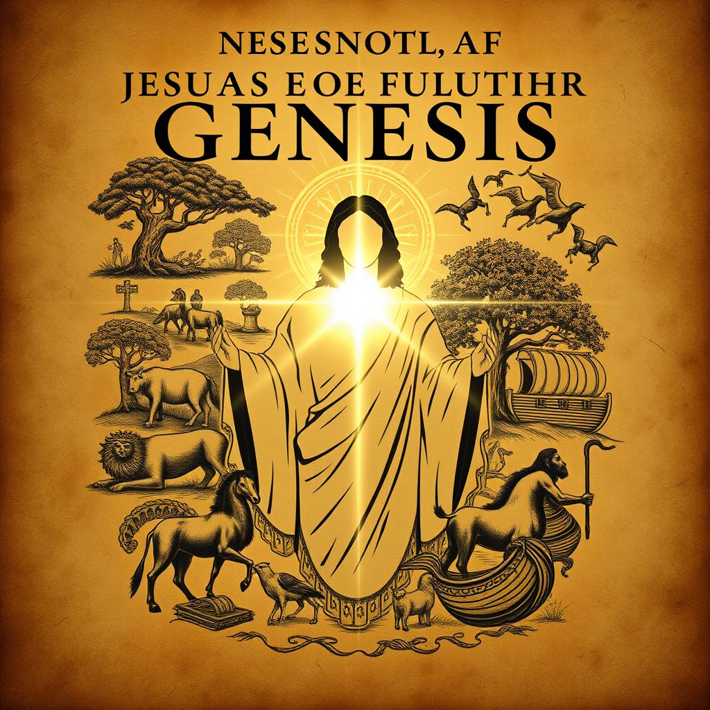 a serious and historical book cover depicting the theme of Jesus fulfilling the Book of Genesis