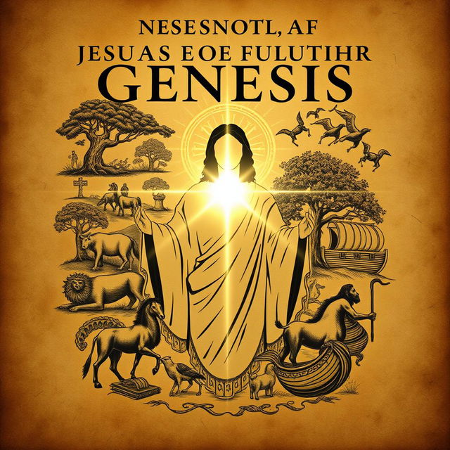 a serious and historical book cover depicting the theme of Jesus fulfilling the Book of Genesis