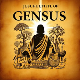 a serious and historical book cover depicting the theme of Jesus fulfilling the Book of Genesis