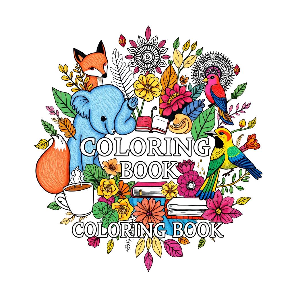 A vibrant and calming coloring book cover featuring a central artistic collage of stylized animals, such as a graceful fox, a majestic elephant, and a colorful bird