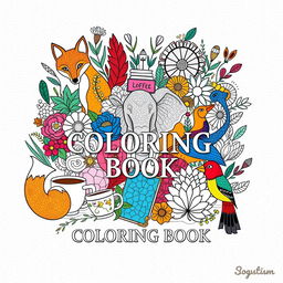 A vibrant and calming coloring book cover featuring a central artistic collage of stylized animals, such as a graceful fox, a majestic elephant, and a colorful bird