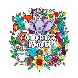 A vibrant and calming coloring book cover featuring a central artistic collage of stylized animals, such as a graceful fox, a majestic elephant, and a colorful bird