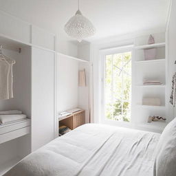 A small, aesthetically pleasing white bedroom with a window letting in natural light and an attached dressing room with stylish decor