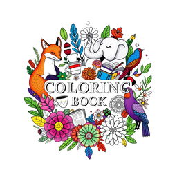 A vibrant and calming coloring book cover featuring a central artistic collage of stylized animals, such as a graceful fox, a majestic elephant, and a colorful bird