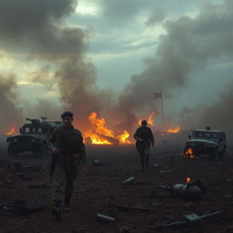 A dramatic battlefield scene engulfed in thick smoke and raging flames, the ground scorched and barren, remnants of destroyed vehicles and shattered armaments scattered across the landscape