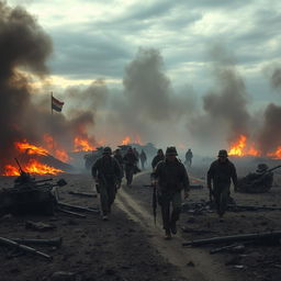 A dramatic battlefield scene engulfed in thick smoke and raging flames, the ground scorched and barren, remnants of destroyed vehicles and shattered armaments scattered across the landscape