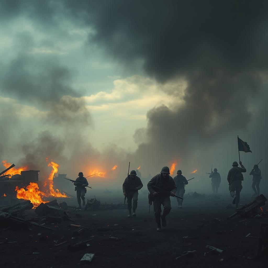 A dramatic battlefield scene engulfed in thick smoke and raging flames, the ground scorched and barren, remnants of destroyed vehicles and shattered armaments scattered across the landscape