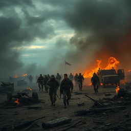 A dramatic battlefield scene engulfed in thick smoke and raging flames, the ground scorched and barren, remnants of destroyed vehicles and shattered armaments scattered across the landscape