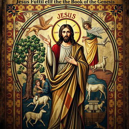 a serious book cover in the style of early church art, illustrating the theme of Jesus fulfilling the Book of Genesis without showing His face