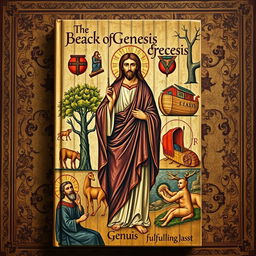 a serious book cover in the style of early church art, illustrating the theme of Jesus fulfilling the Book of Genesis without showing His face