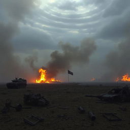 An empty battlefield scene engulfed in thick smoke and raging flames, the ground scorched and barren, devoid of life or motion