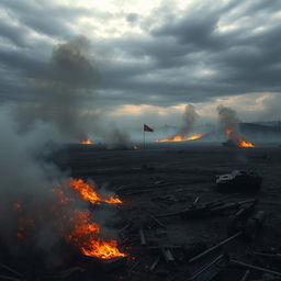 An empty battlefield scene engulfed in thick smoke and raging flames, the ground scorched and barren, devoid of life or motion