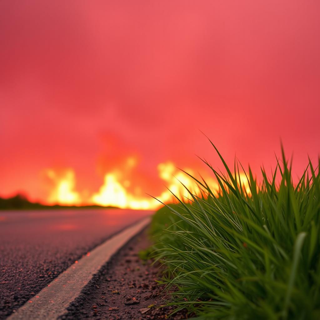 Red sky with a light drizzle of rain, fire in the background creating a dramatic backdrop