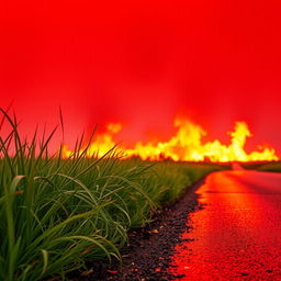 Red sky with a light drizzle of rain, fire in the background creating a dramatic backdrop