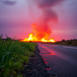 Red sky with a light drizzle of rain, fire in the background creating a dramatic backdrop