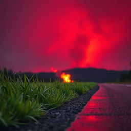 Red sky with a light drizzle of rain, fire in the background creating a dramatic backdrop