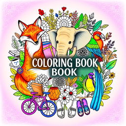 A vibrant, calming coloring book cover featuring a central artistic collage of stylized, real-life animals such as a graceful fox, a majestic elephant, and a colorful bird