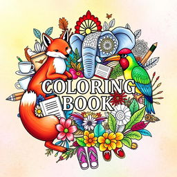 A vibrant, calming coloring book cover featuring a central artistic collage of stylized, real-life animals such as a graceful fox, a majestic elephant, and a colorful bird