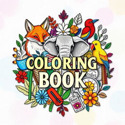 A vibrant, calming coloring book cover featuring a central artistic collage of stylized, real-life animals such as a graceful fox, a majestic elephant, and a colorful bird