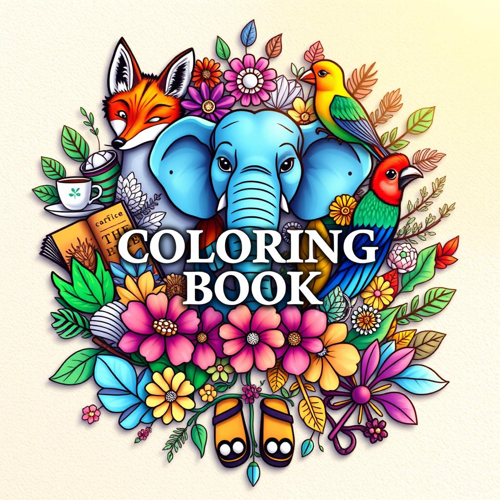 A vibrant, calming coloring book cover featuring a central artistic collage of stylized, real-life animals such as a graceful fox, a majestic elephant, and a colorful bird