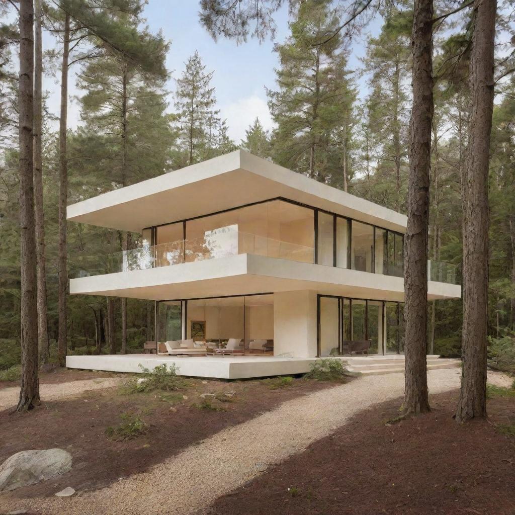 The warm cream-colored house has expanded massively, maintaining its modern, minimalist design, and stands as a notable presence in the midst of either a rich forest or a serene beach.