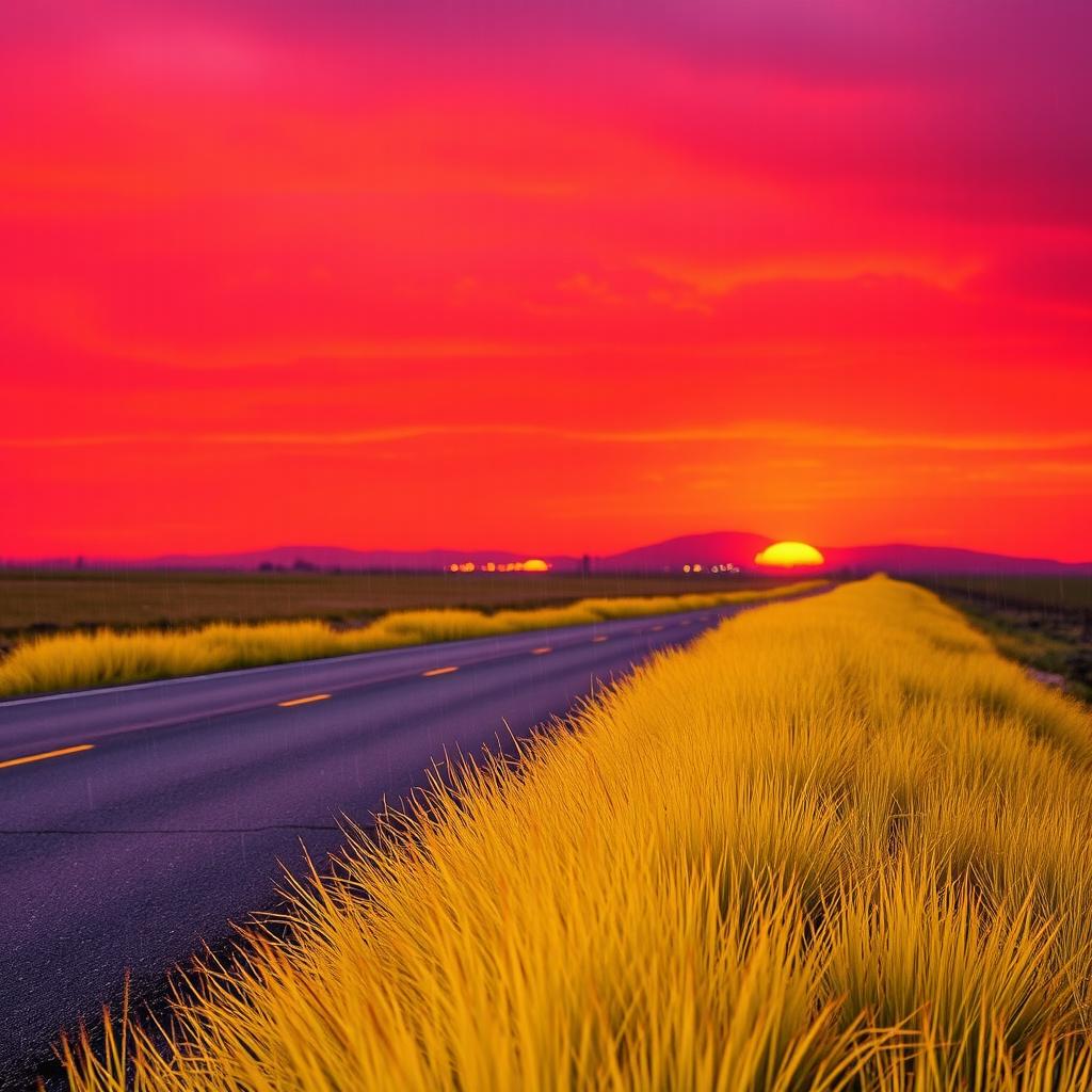 A vibrant landscape showcasing a red and purple sky as the background, with striking yellow grass growing along the side of a road