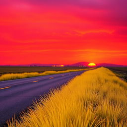 A vibrant landscape showcasing a red and purple sky as the background, with striking yellow grass growing along the side of a road