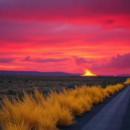 A vibrant landscape showcasing a red and purple sky as the background, with striking yellow grass growing along the side of a road