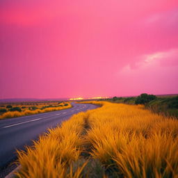 A vibrant landscape showcasing a red and purple sky as the background, with striking yellow grass growing along the side of a road