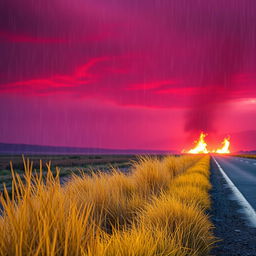 A vibrant landscape showcasing a red and purple sky as the background, with striking yellow grass growing along the side of a road