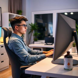 a young man sitting in front of a computer, focused on the screen, typing with intent, in a modern home office setting, with a stylish and comfortable chair, a sleek desk with organized accessories, soft ambient lighting