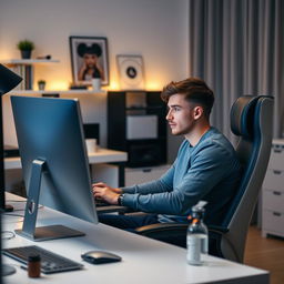 a young man sitting in front of a computer, focused on the screen, typing with intent, in a modern home office setting, with a stylish and comfortable chair, a sleek desk with organized accessories, soft ambient lighting