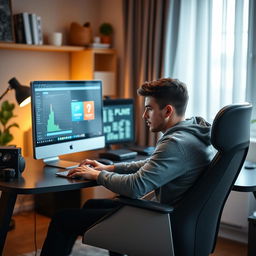 a young man sitting in front of a computer, focused on the screen, typing with intent, in a modern home office setting, with a stylish and comfortable chair, a sleek desk with organized accessories, soft ambient lighting