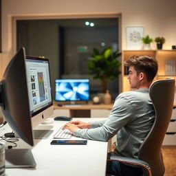 a young man sitting in front of a computer, focused on the screen, typing with intent, in a modern home office setting, with a stylish and comfortable chair, a sleek desk with organized accessories, soft ambient lighting