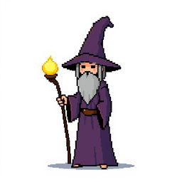 An 8-bit pixel art wizard character in a minimalist style