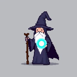 An 8-bit pixel art wizard character in a minimalist style