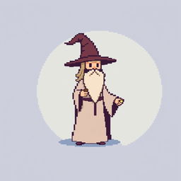 An 8-bit pixel art wizard character in a minimalist style