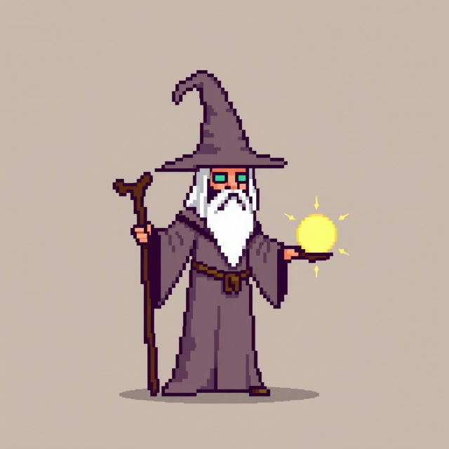 An 8-bit pixel art wizard character in a minimalist style