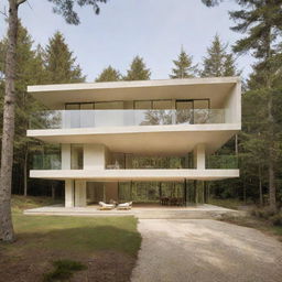 The warm cream-colored house has expanded massively, maintaining its modern, minimalist design, and stands as a notable presence in the midst of either a rich forest or a serene beach.