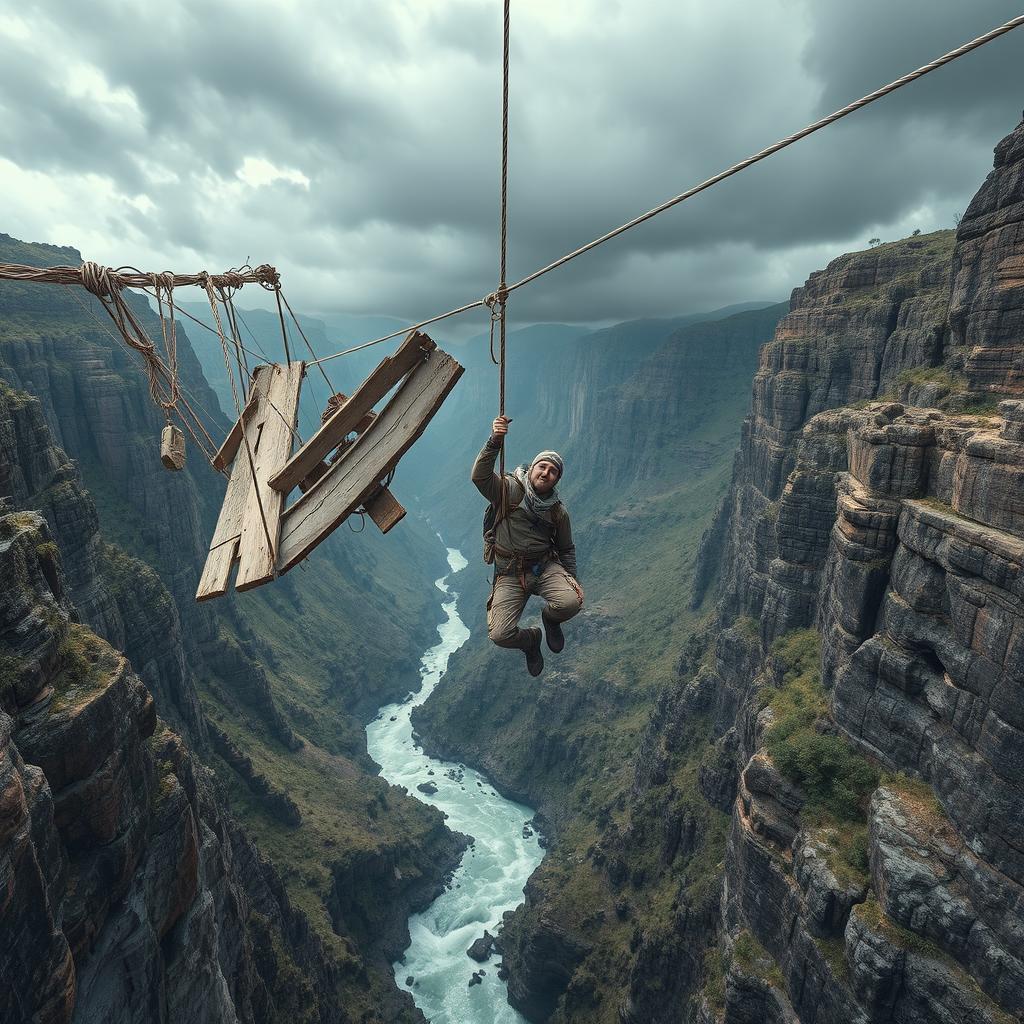 A man hanging from a very high, broken suspension bridge above a deep canyon